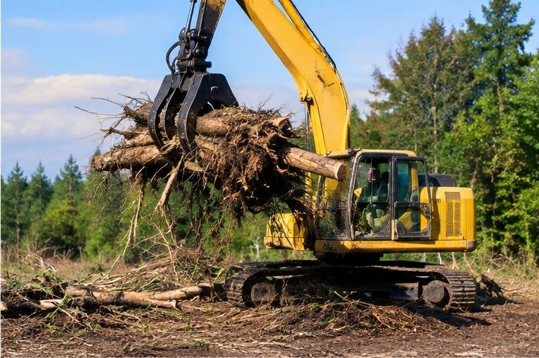 A tracked excavator with a grapple attachment lifting a large tangle of tree trunks and branches off debris-covered ground. Illustrative image of machine-assisted debris handling, not a professional we refer or a job in Lexington.