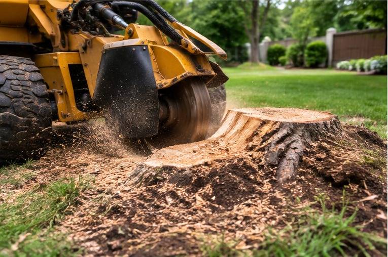 A yellow stump grinder with its cutting wheel chewing into the edge of a sawn tree stump in a green lawn, throwing wood chips and soil onto the grass. Illustrative image, not a professional we refer or a job in Lexington.